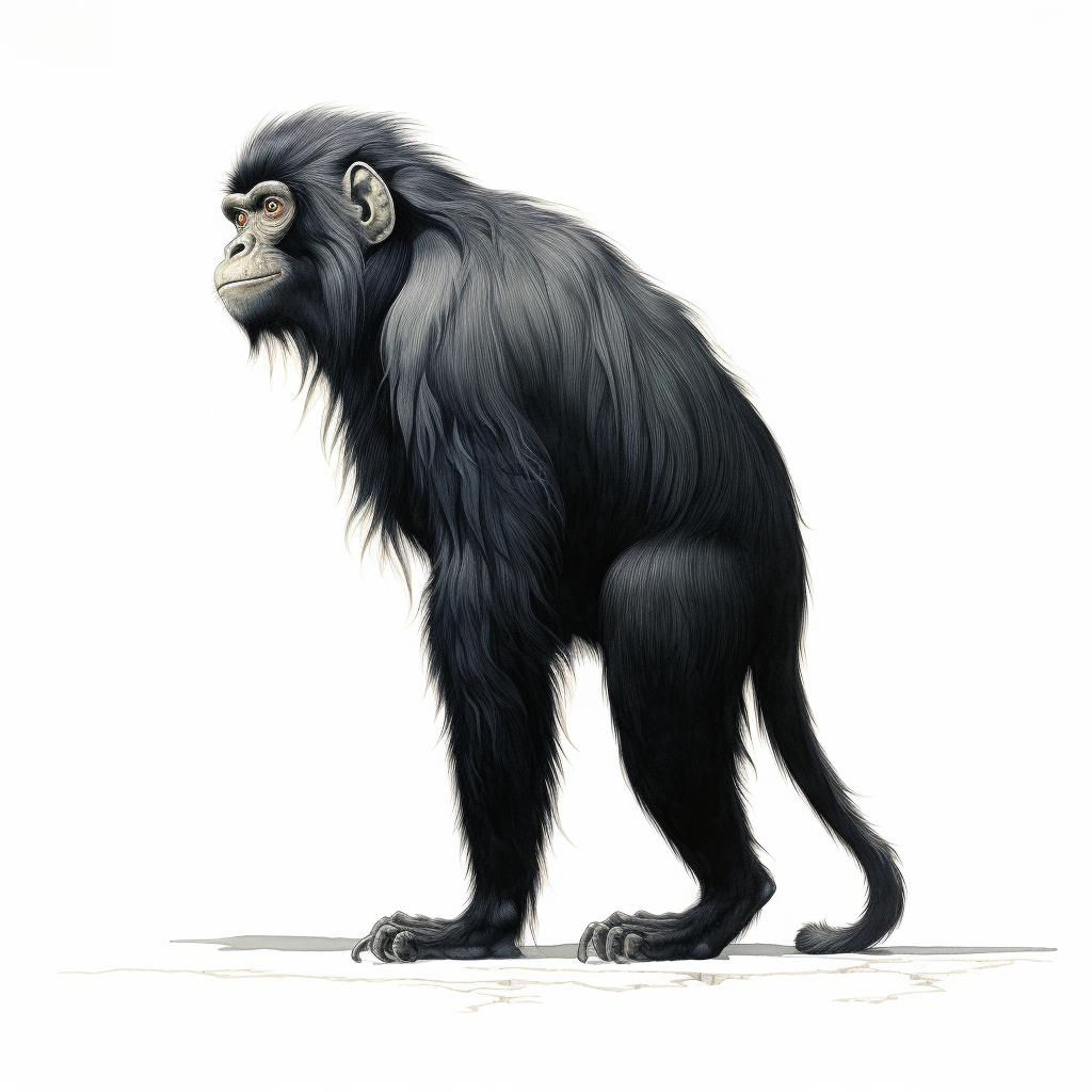 Black monkey stands up with no tail