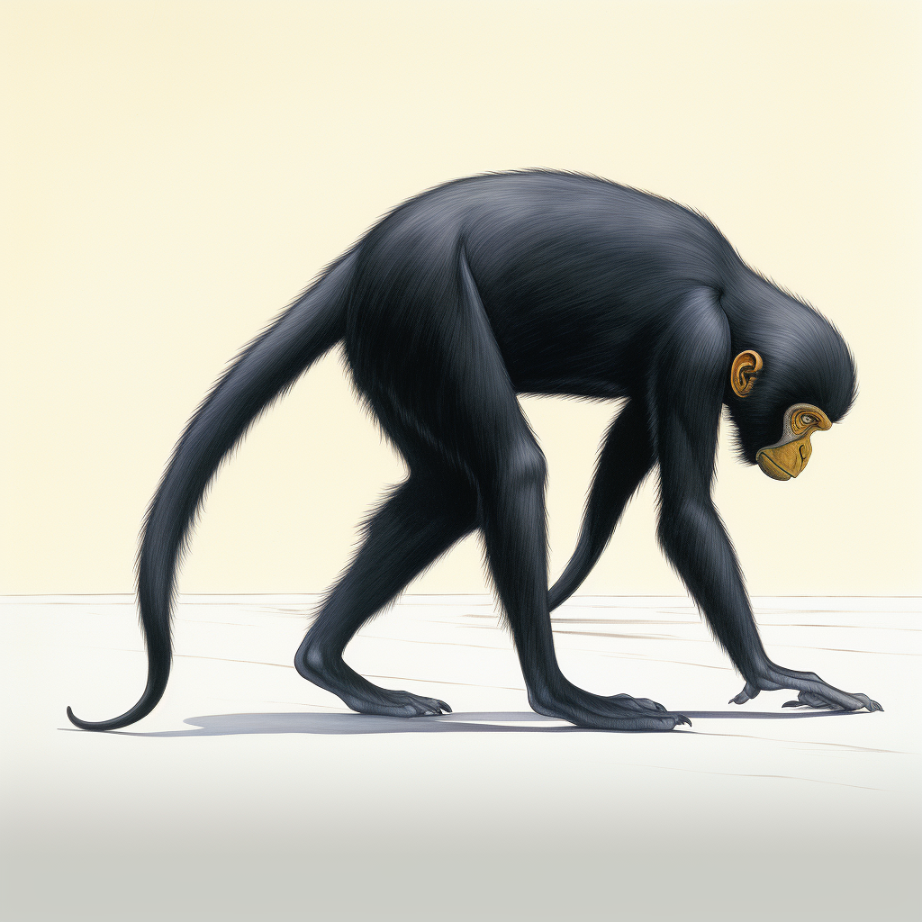 Side view of a black monkey walking on all fours