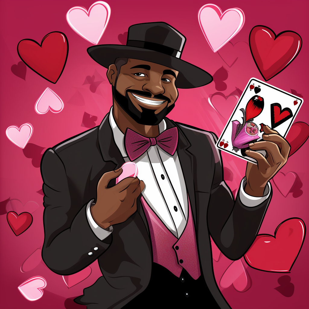 Cartoon image of black Monopoly man on Valentine's Day