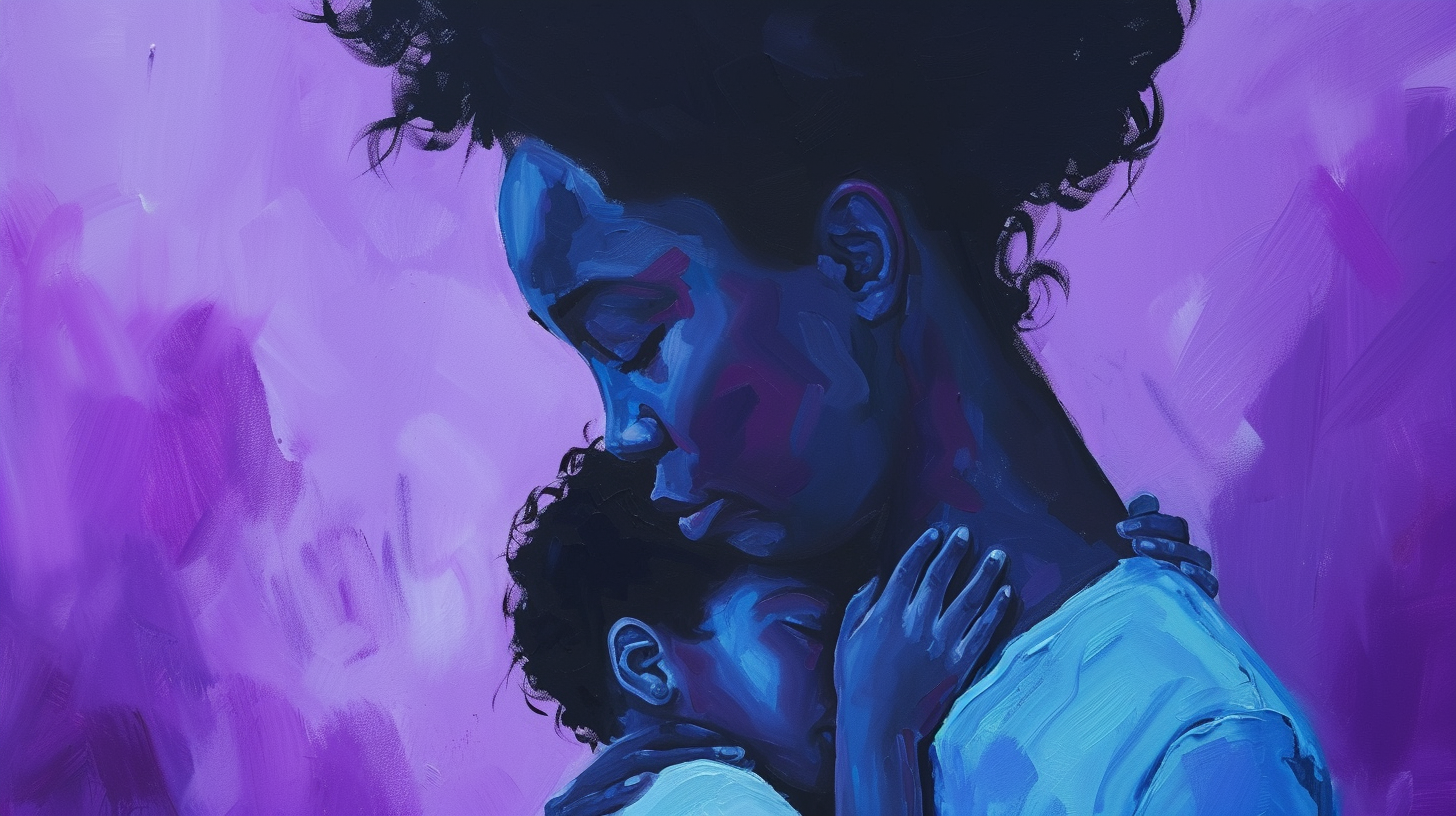 Black mother and daughter on purple background