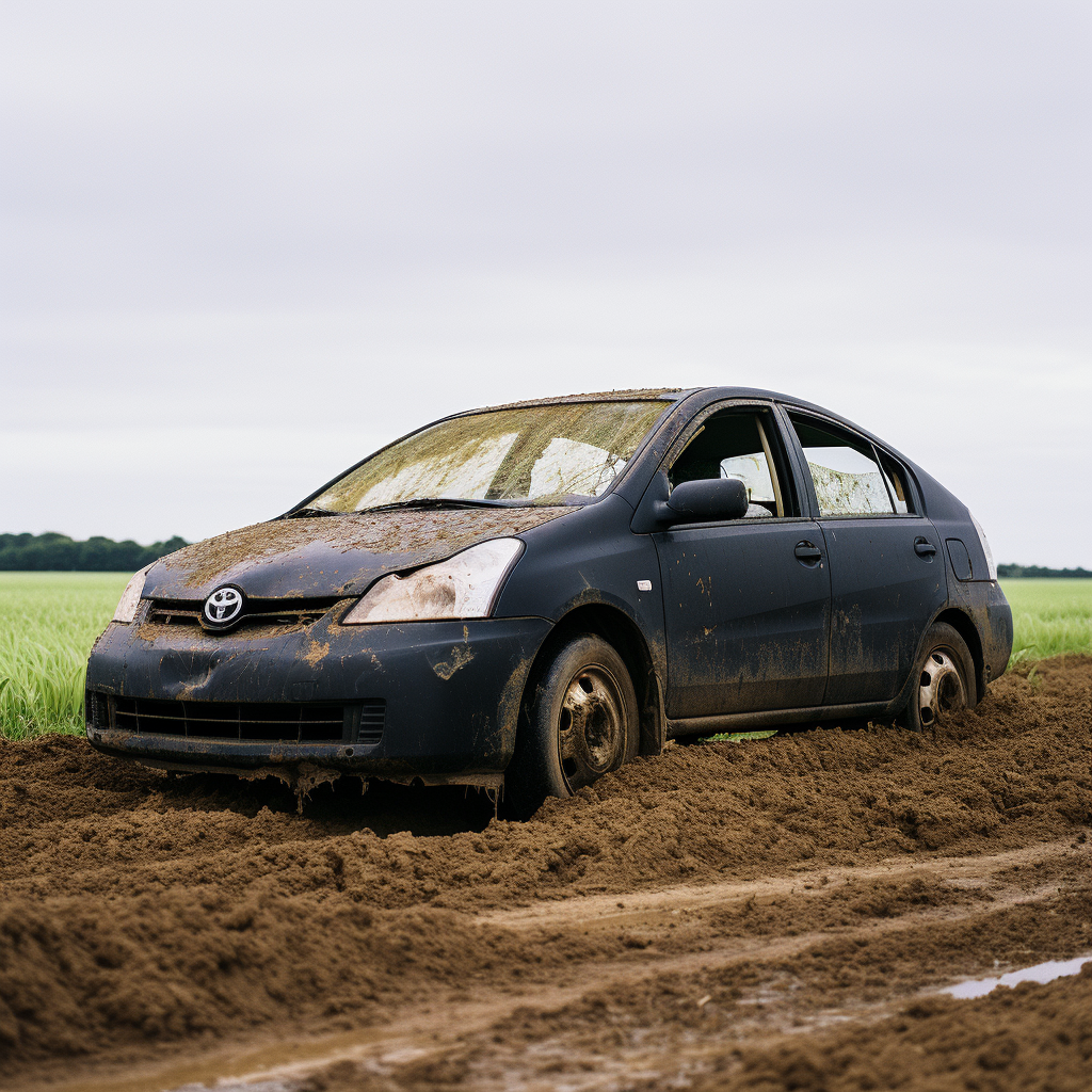 Black muddy Toyota Prius stuck in wet field