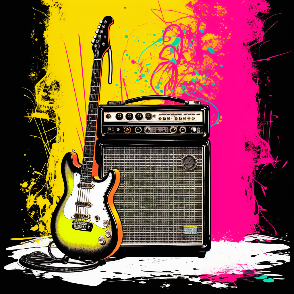 Colorful line drawing of 1960s sound speaker and rock guitar