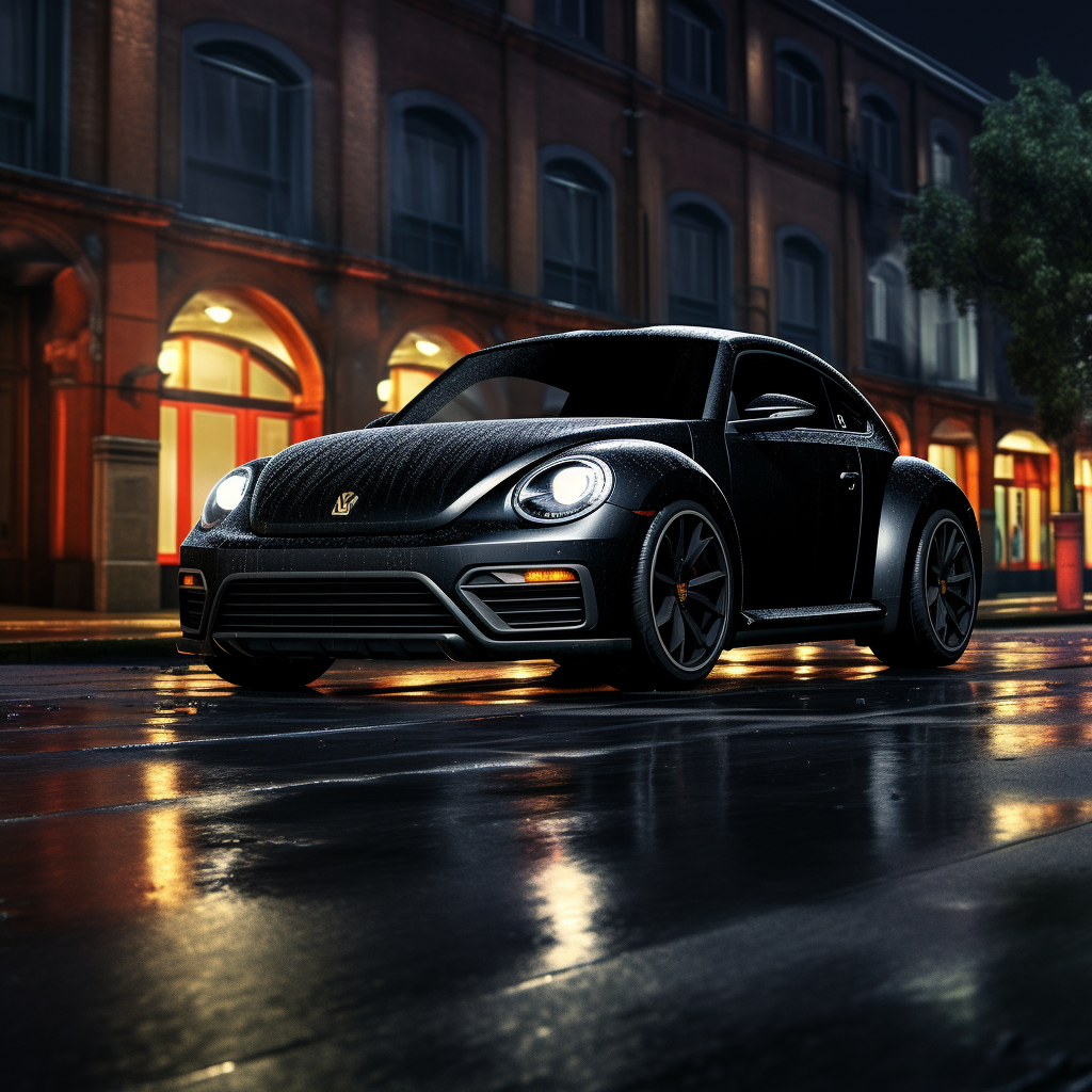 Black night beetle car on wet asphalt