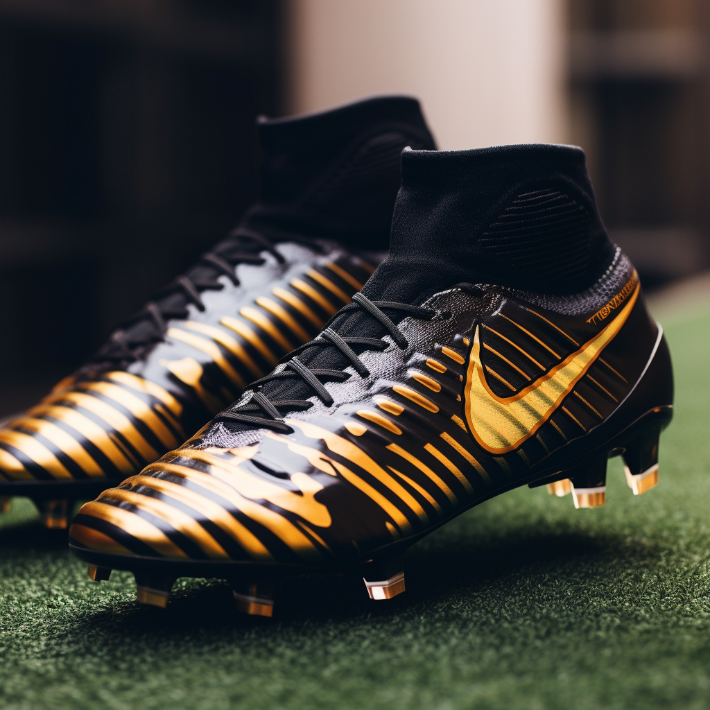 Stylish black Nike soccer boots with golden stripes