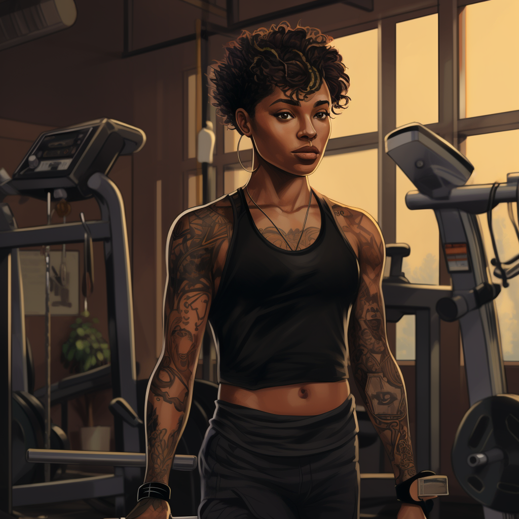 Black non binary individual with tattoos working out