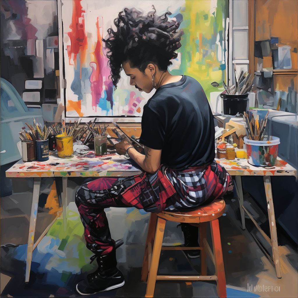 Black non binary painter working in studio