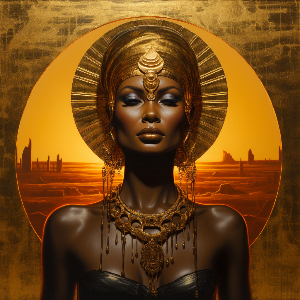 Black Nubian Goddess in Golden Sunset Cloth