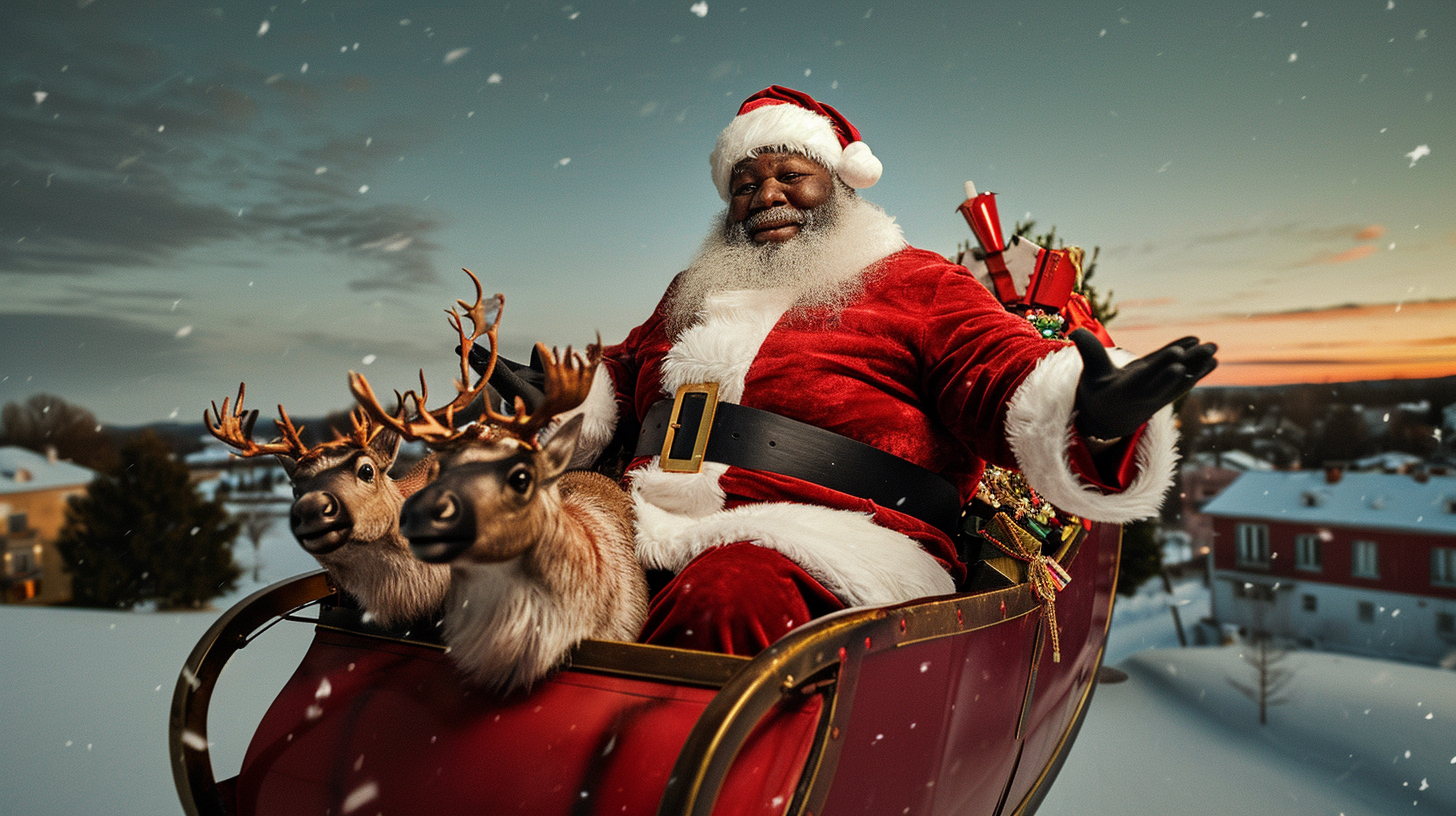 Black Obese Santa Clause Riding Sleigh Reindeers