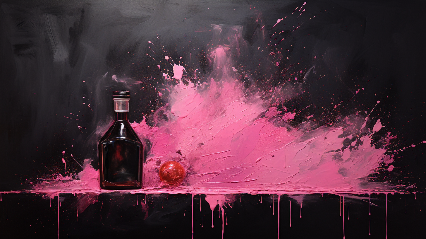 Black painting with pink paint splash and perfume