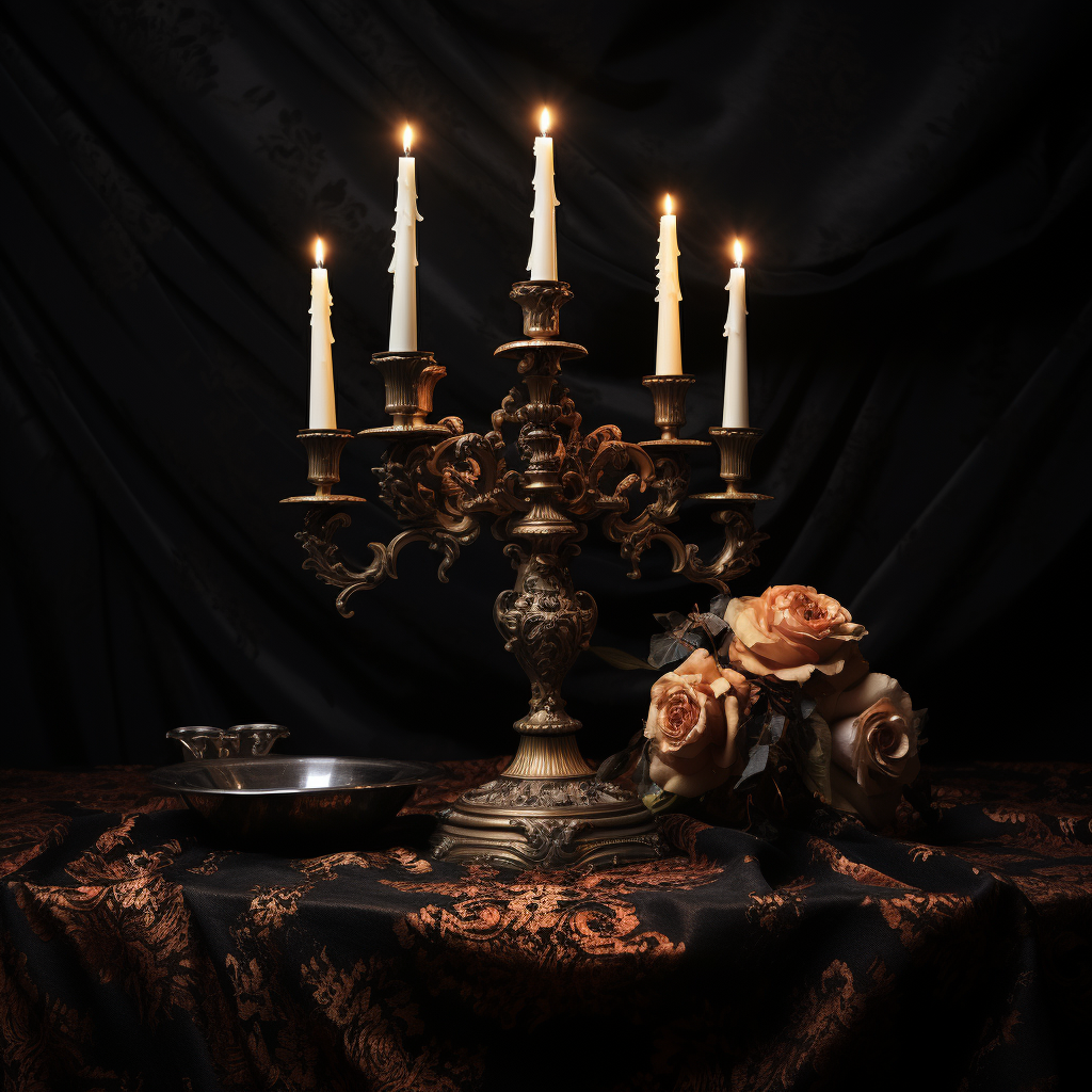 Elegant candelabra on black paisley tablecloth