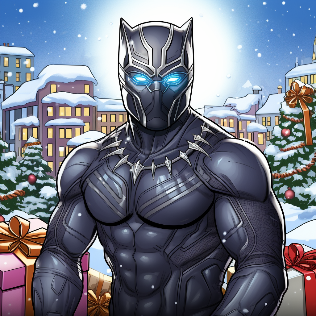 Black Panther wearing Christmas hat opening presents