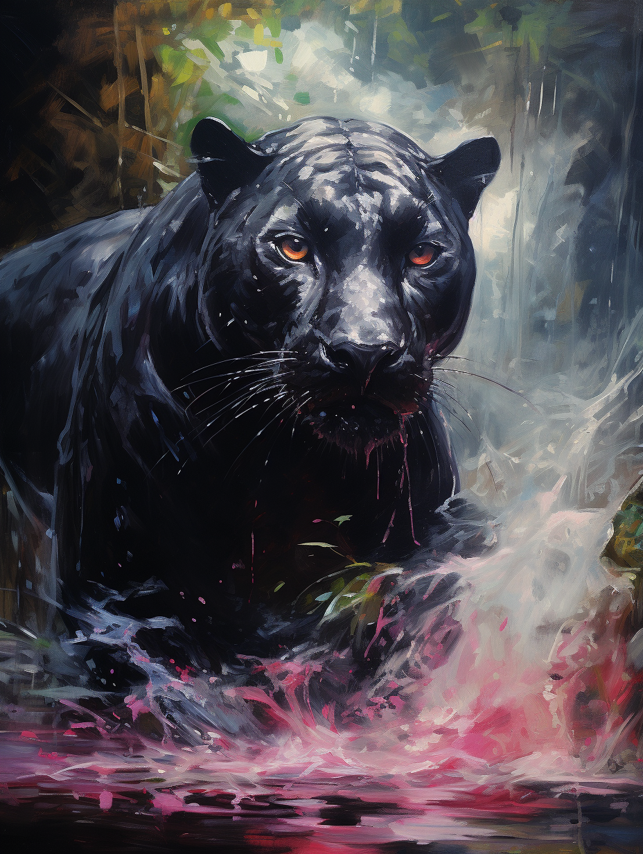 Beautiful black panther artwork under a waterfall