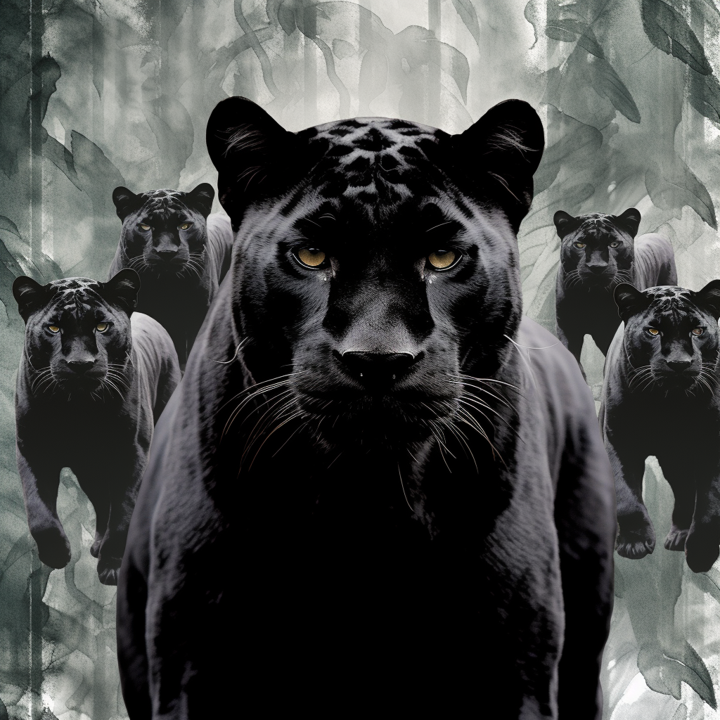 Collage of black panthers on ombre background