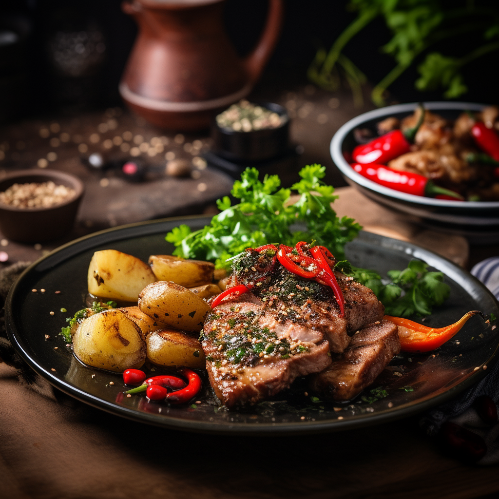 Delicious black pepper pork steak with vegetables