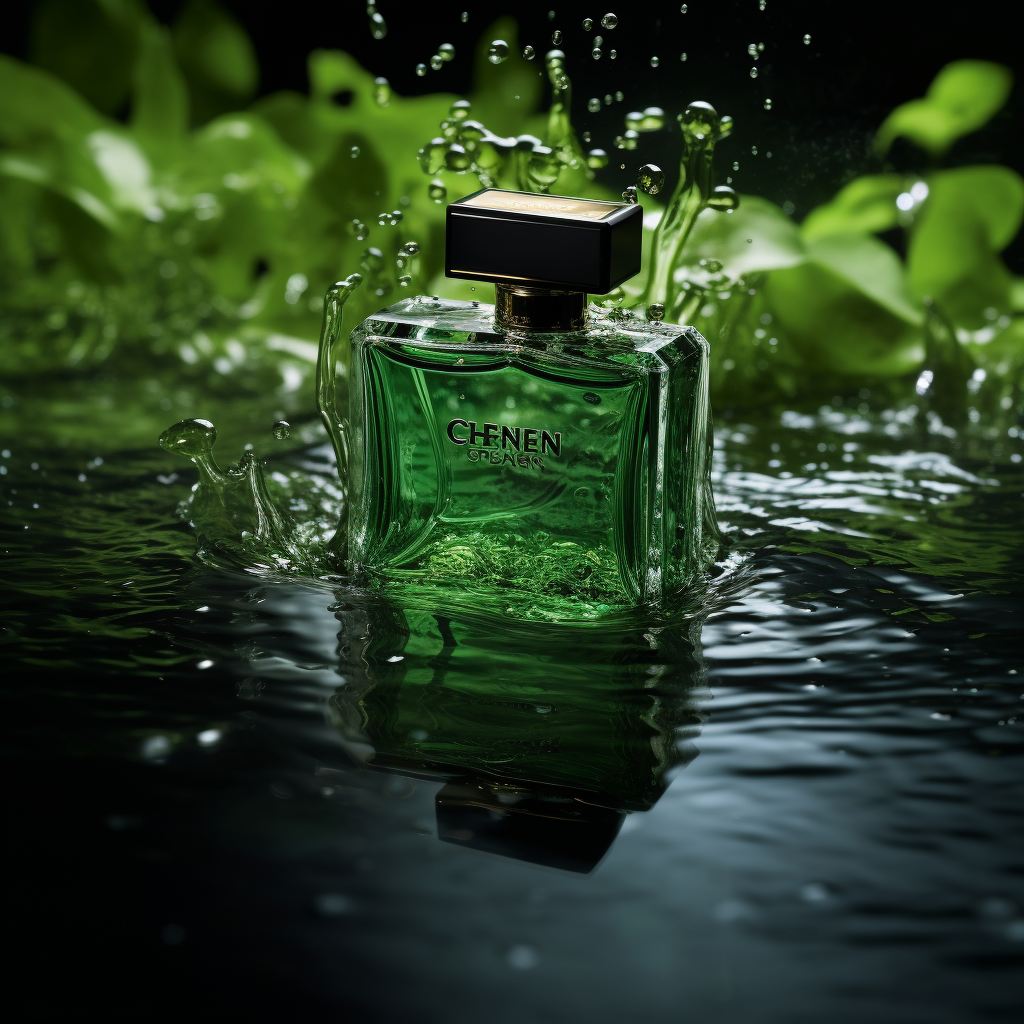 Black perfume drowning in dark green water