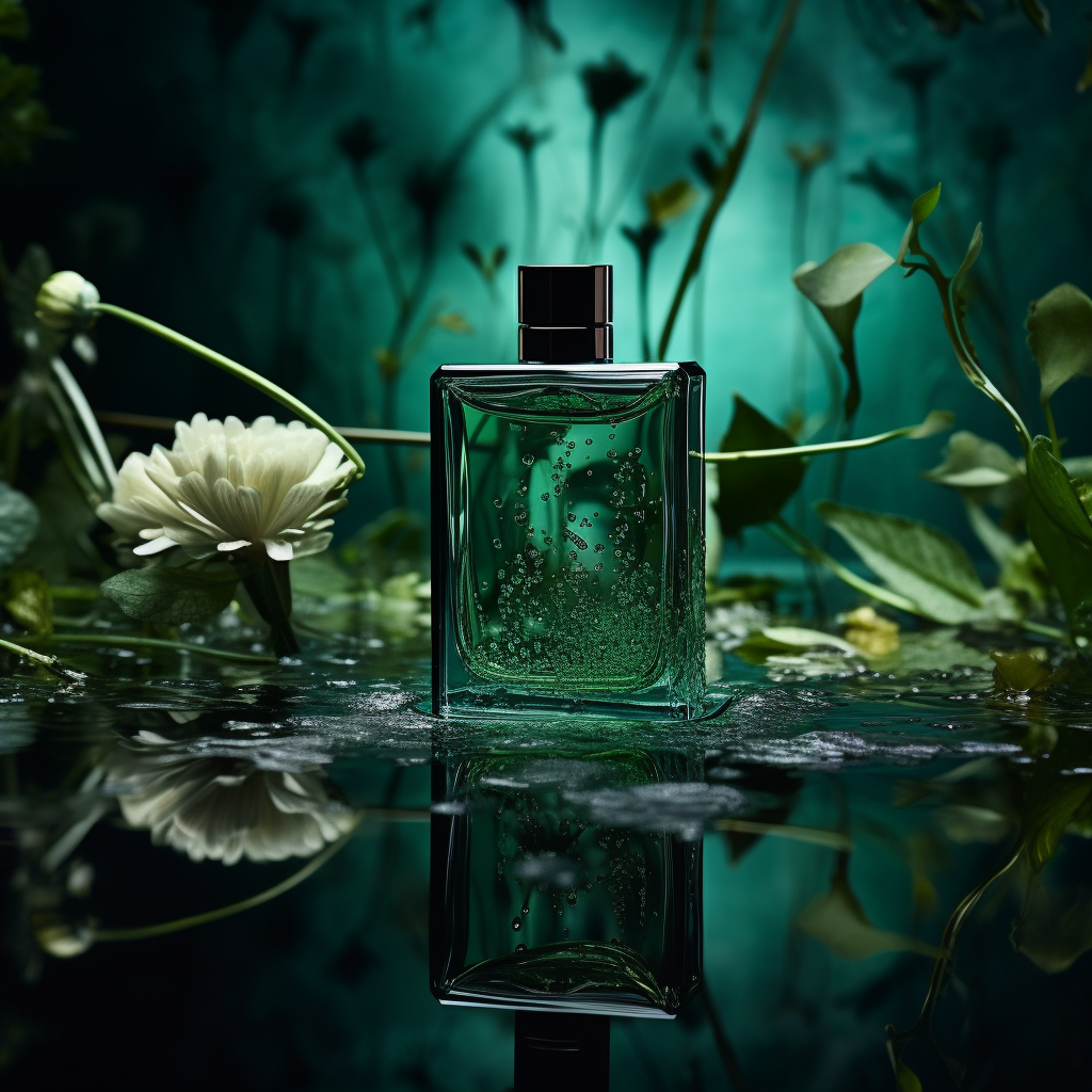 Black perfume on dark green water