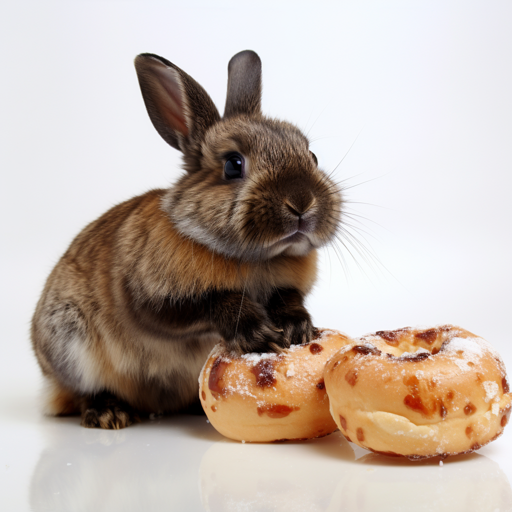 Cute black pet rabbit enjoying a cinnamon roll