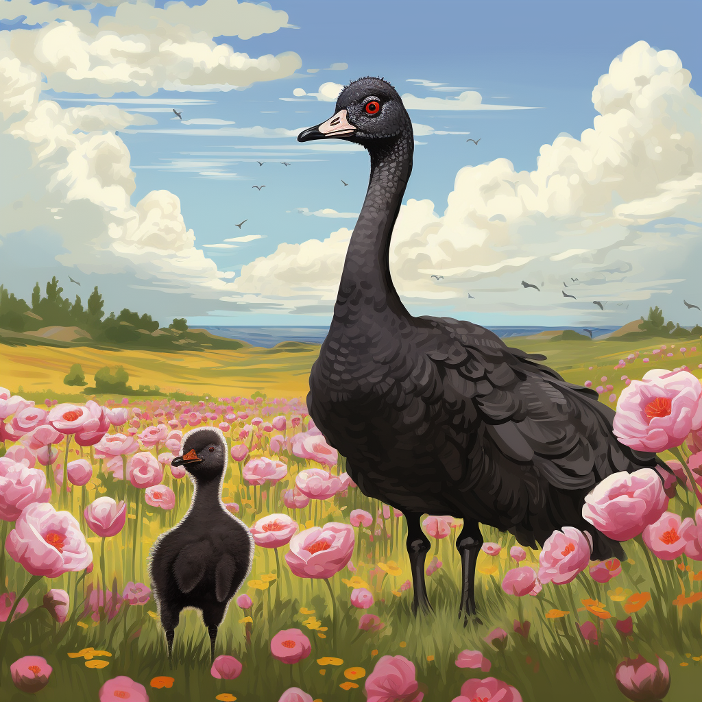 Black Poodle and Goose in Flower Field