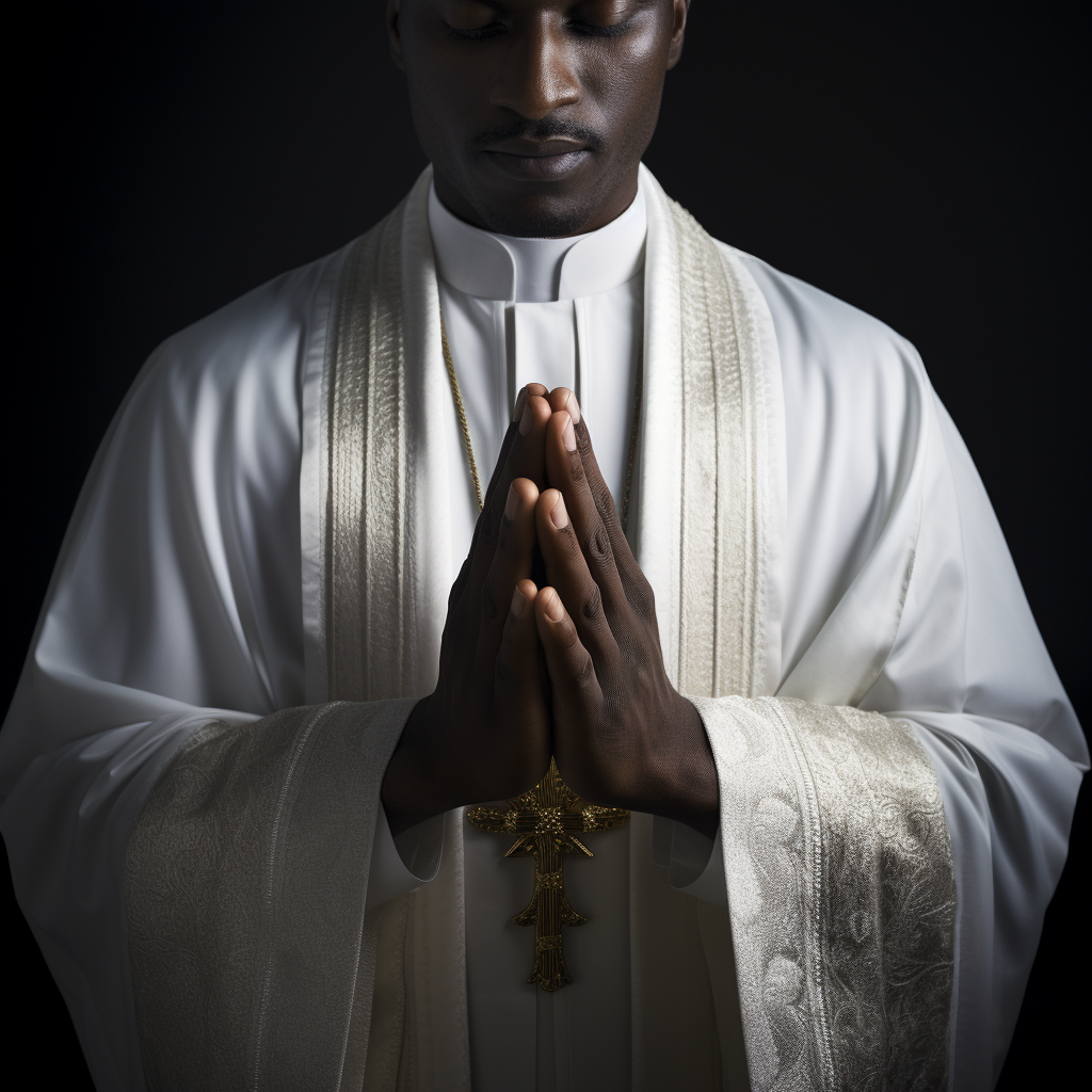 Black priest praying with clasped hands