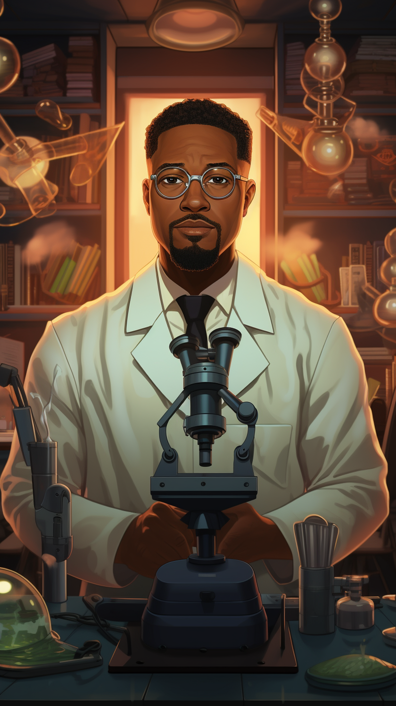 Black professor examining microscope in lab