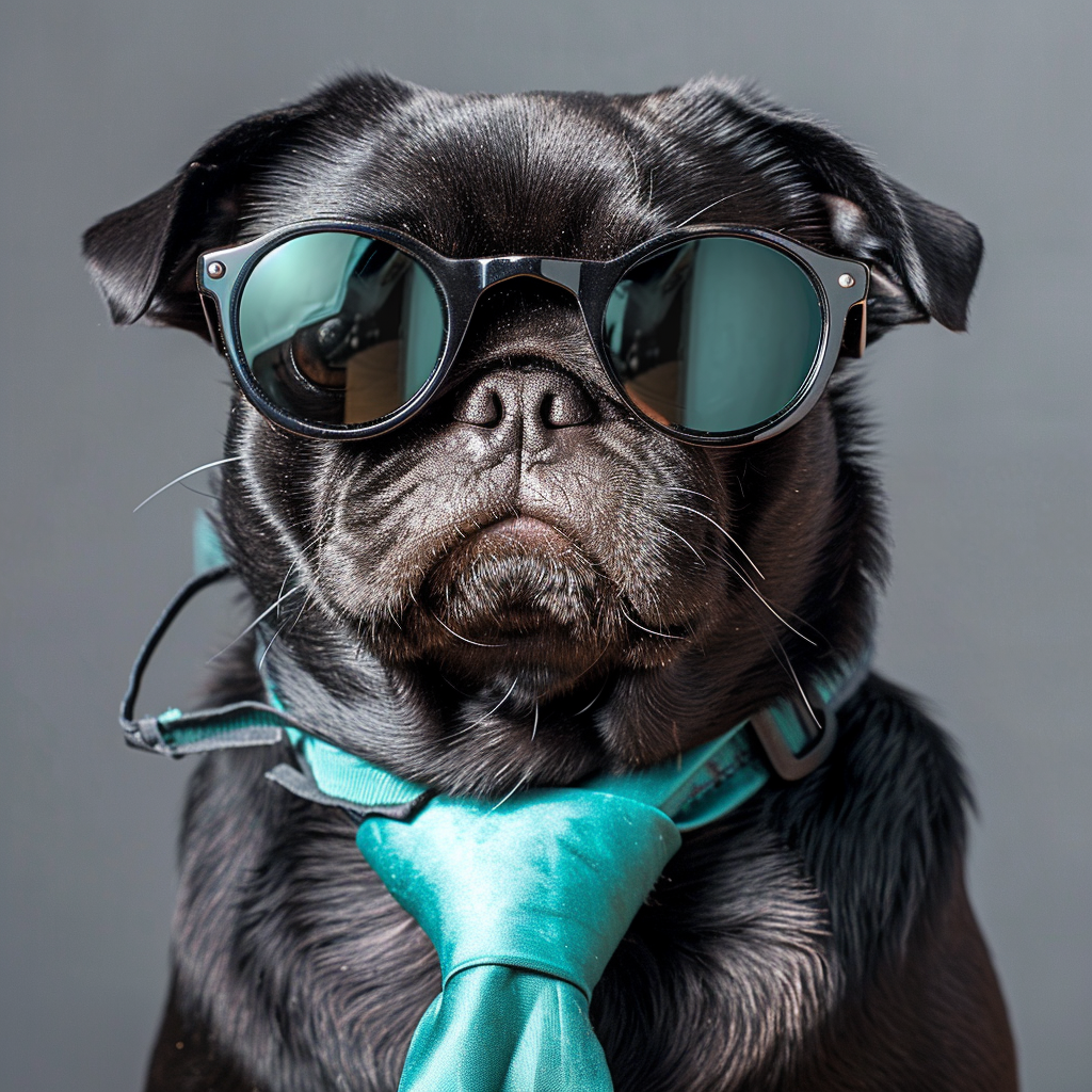 Black pug dog with spy sunglasses and tie