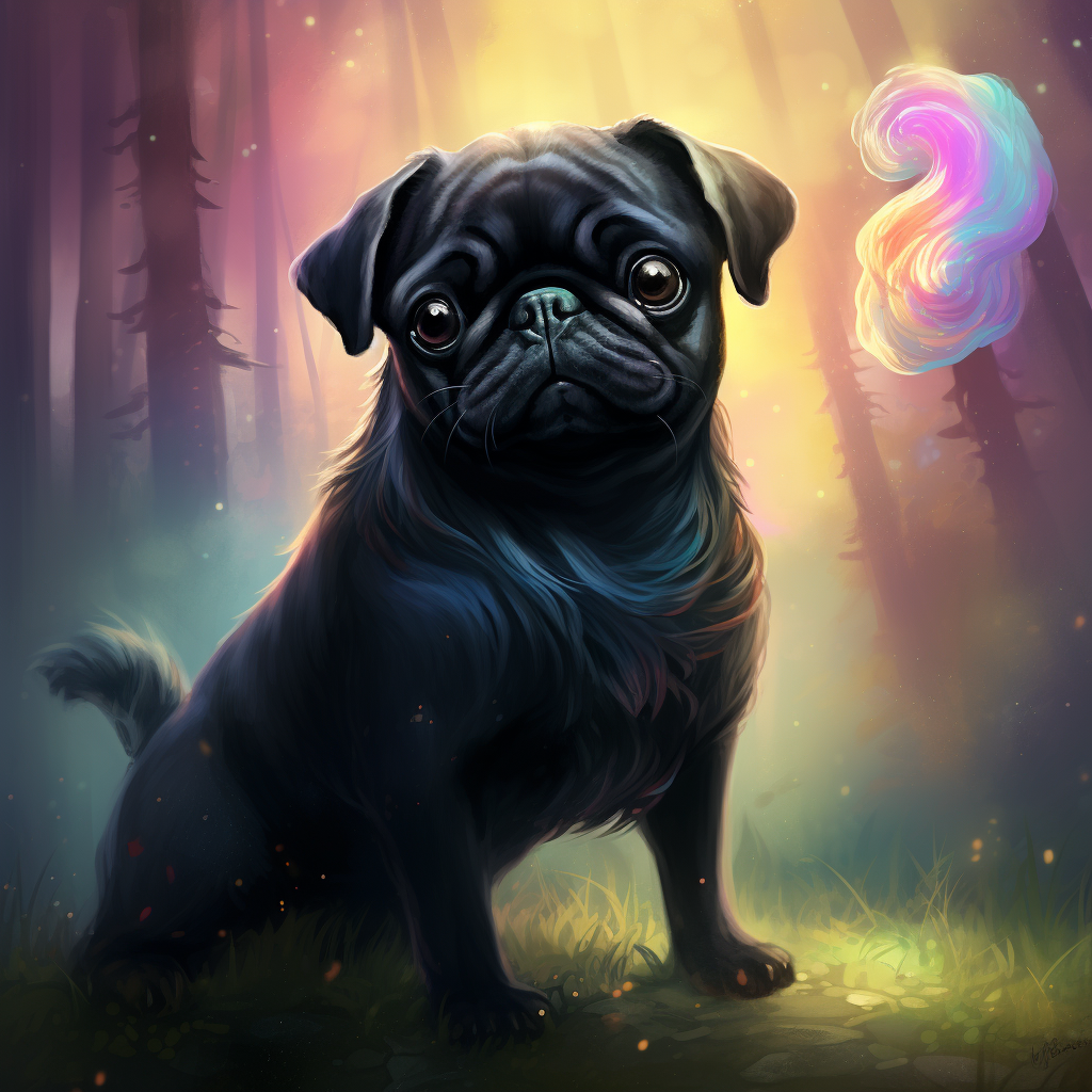 Cute black pug dog unicorn hybrid