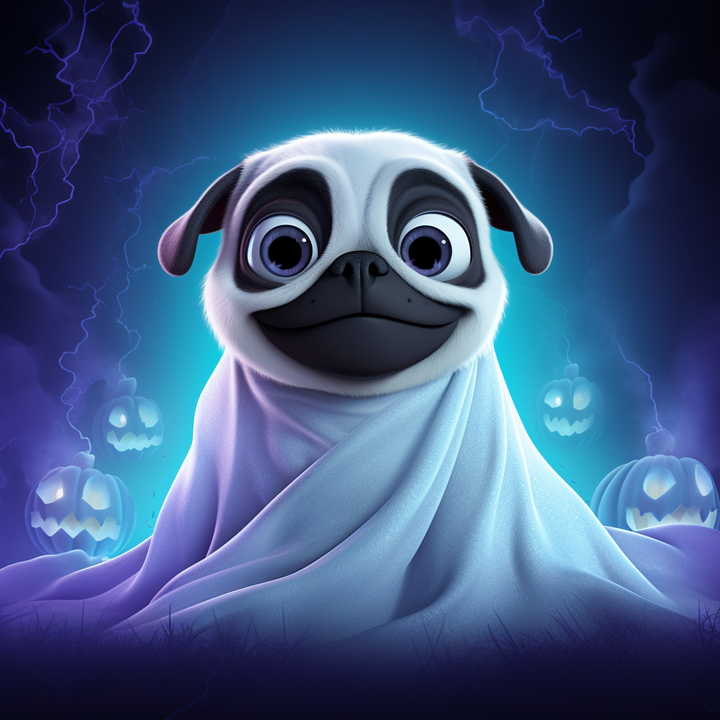 Cute black pug in ghost costume