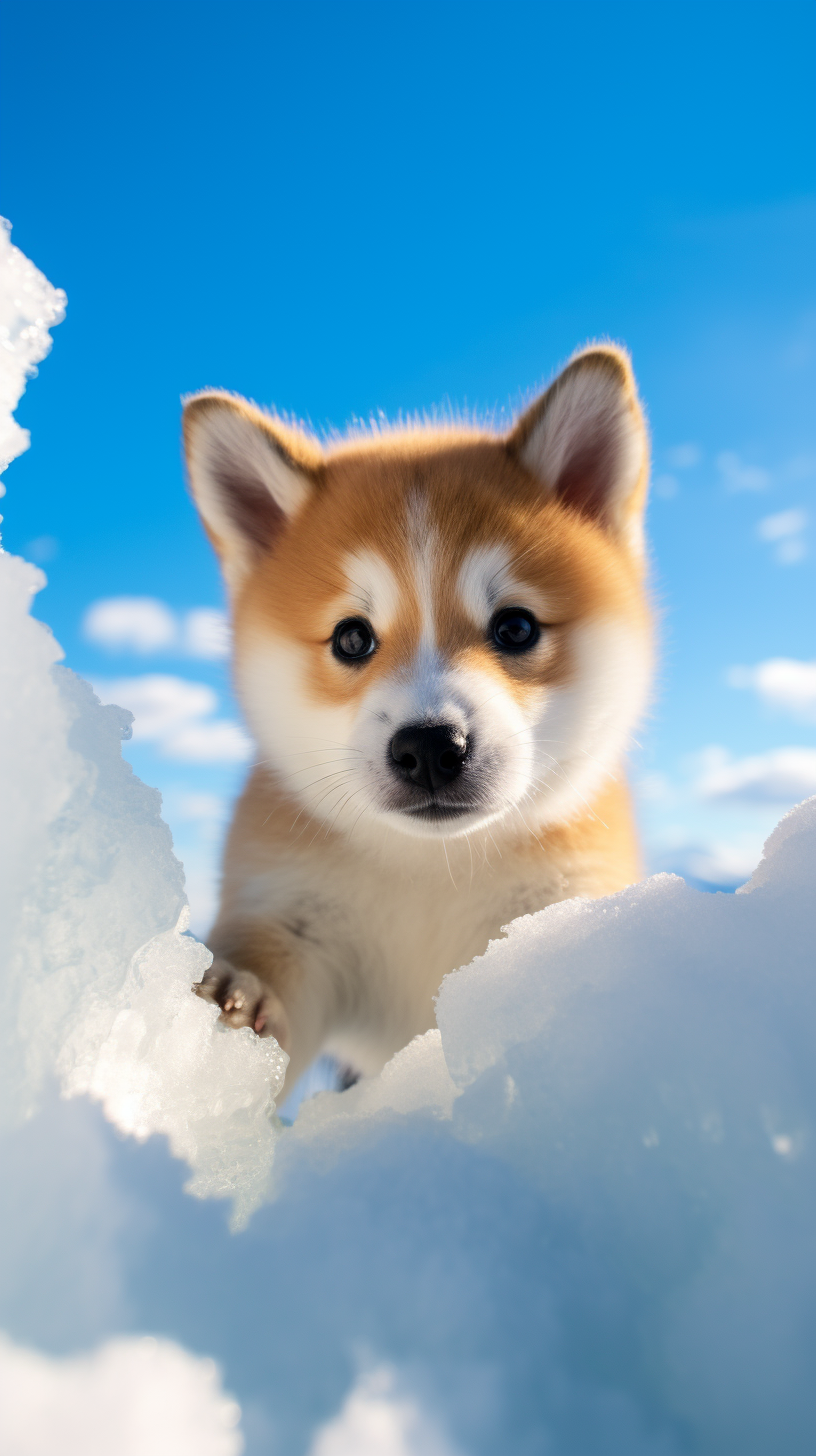 Black puppy Shiba dog peeking in snow