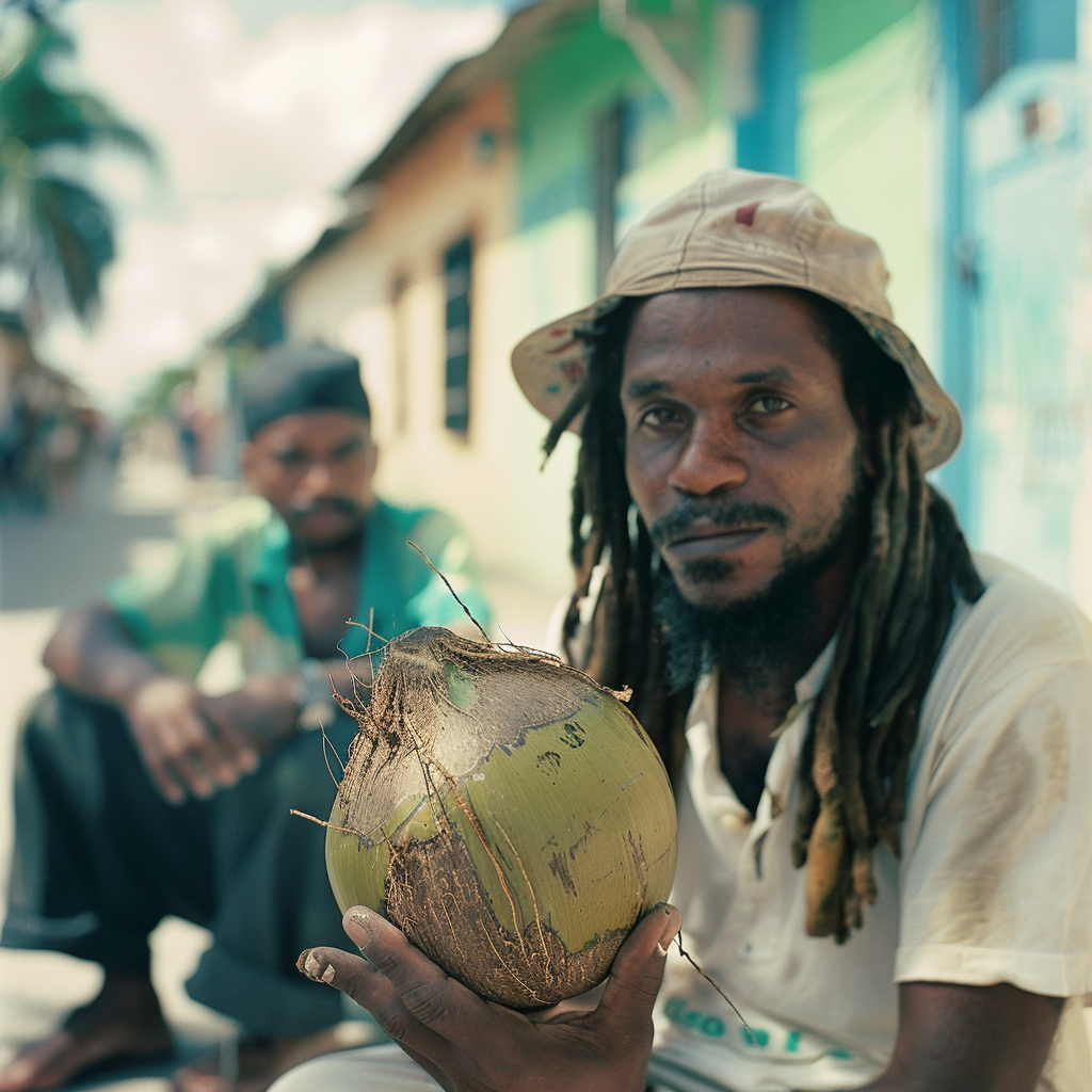 Rasta man coconuts village friends