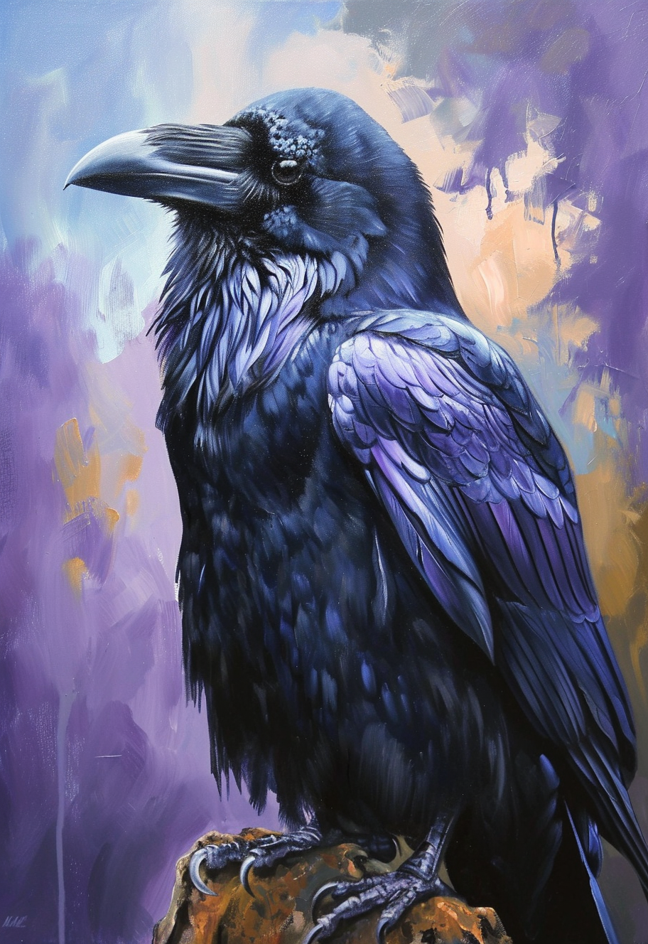 Detailed oil painting of a black raven