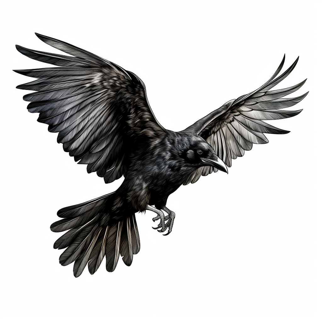 Black raven flying on white background