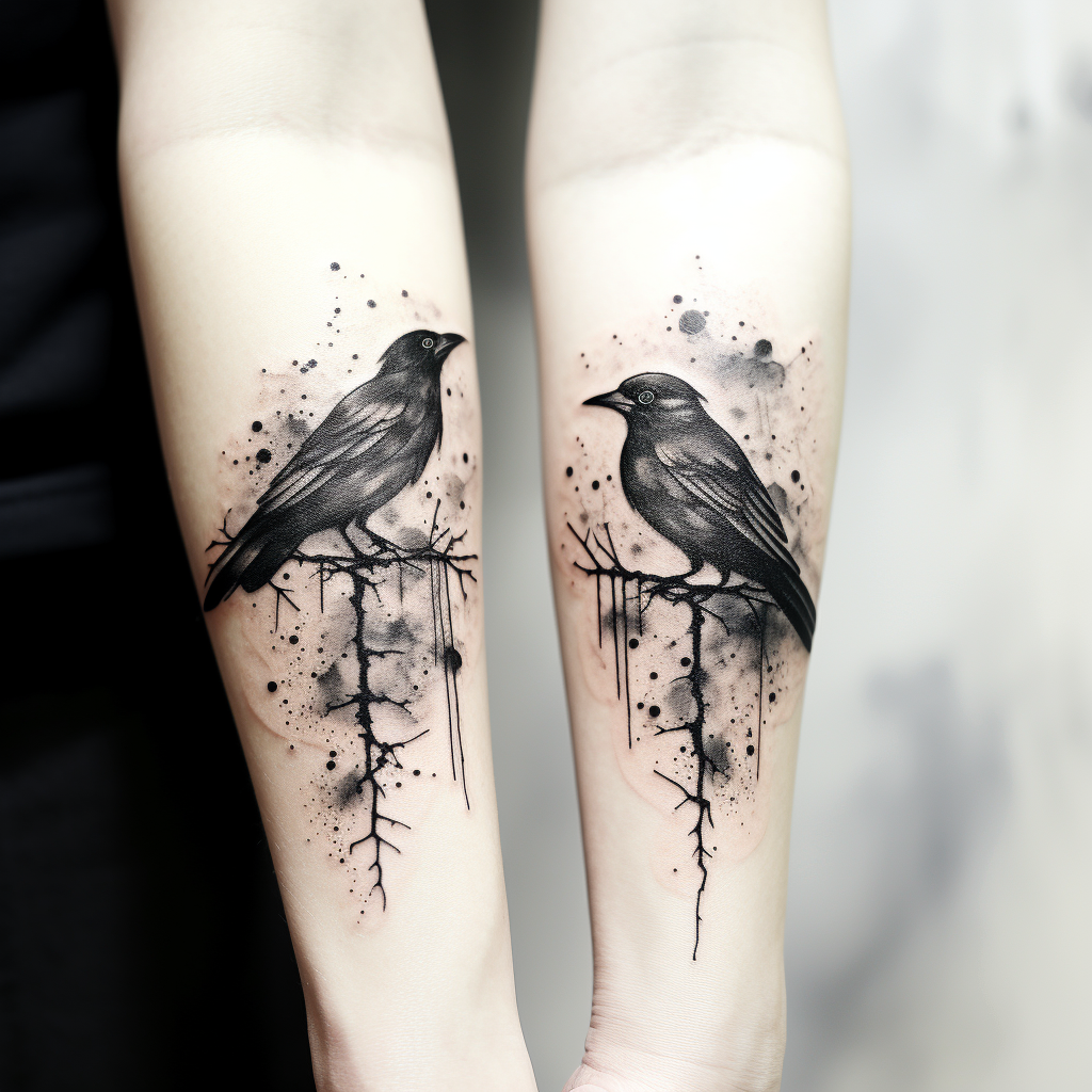 Black ink wrist tattoo of ravens