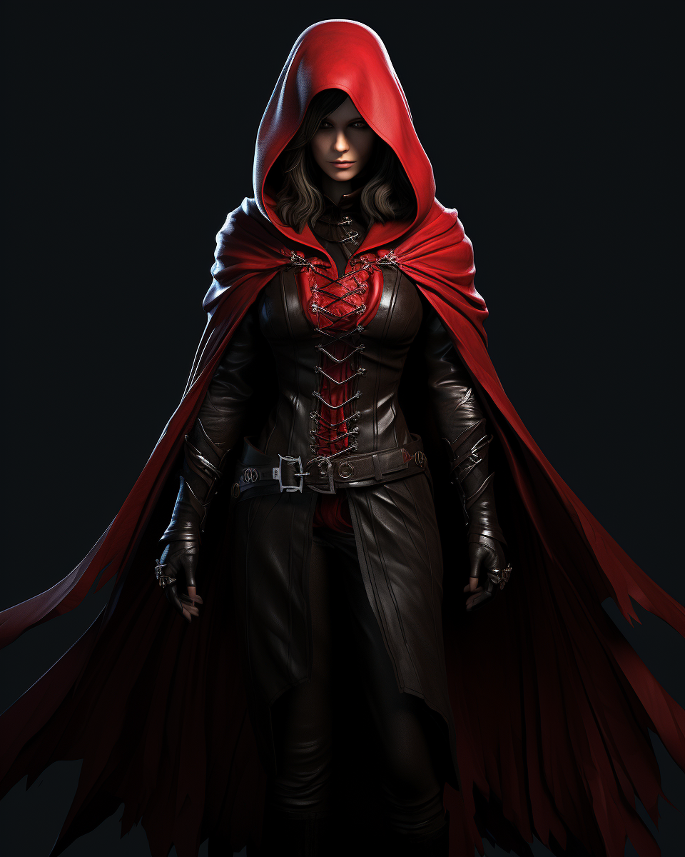 Elegant female assassin in black and red cloak