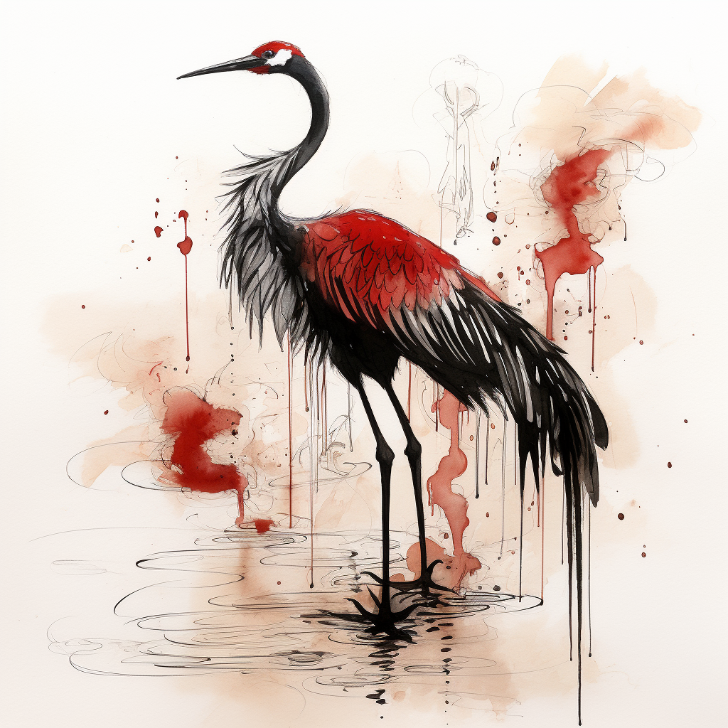 Whimsical black and red ink crane art