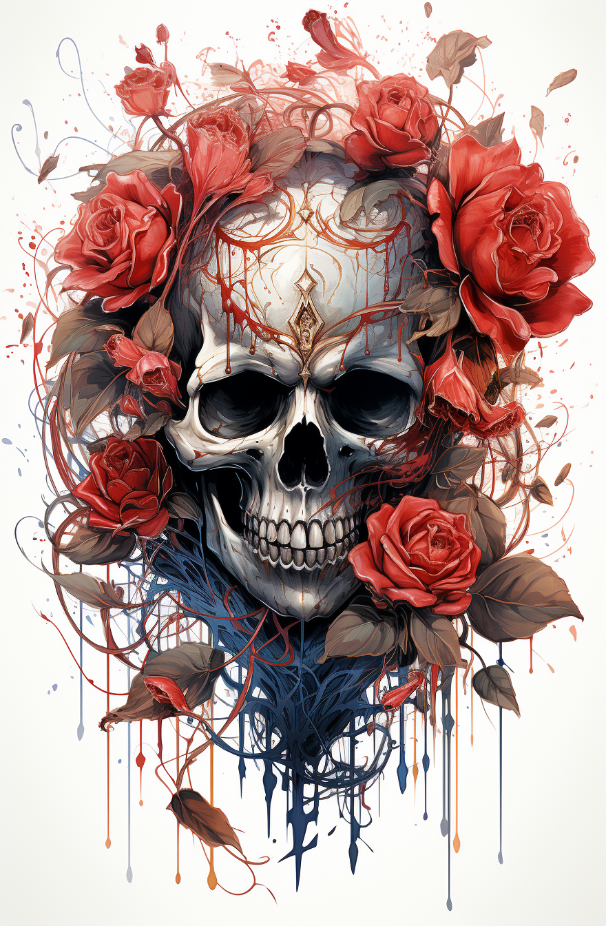 Black and red roses with macabre skull art tatoo