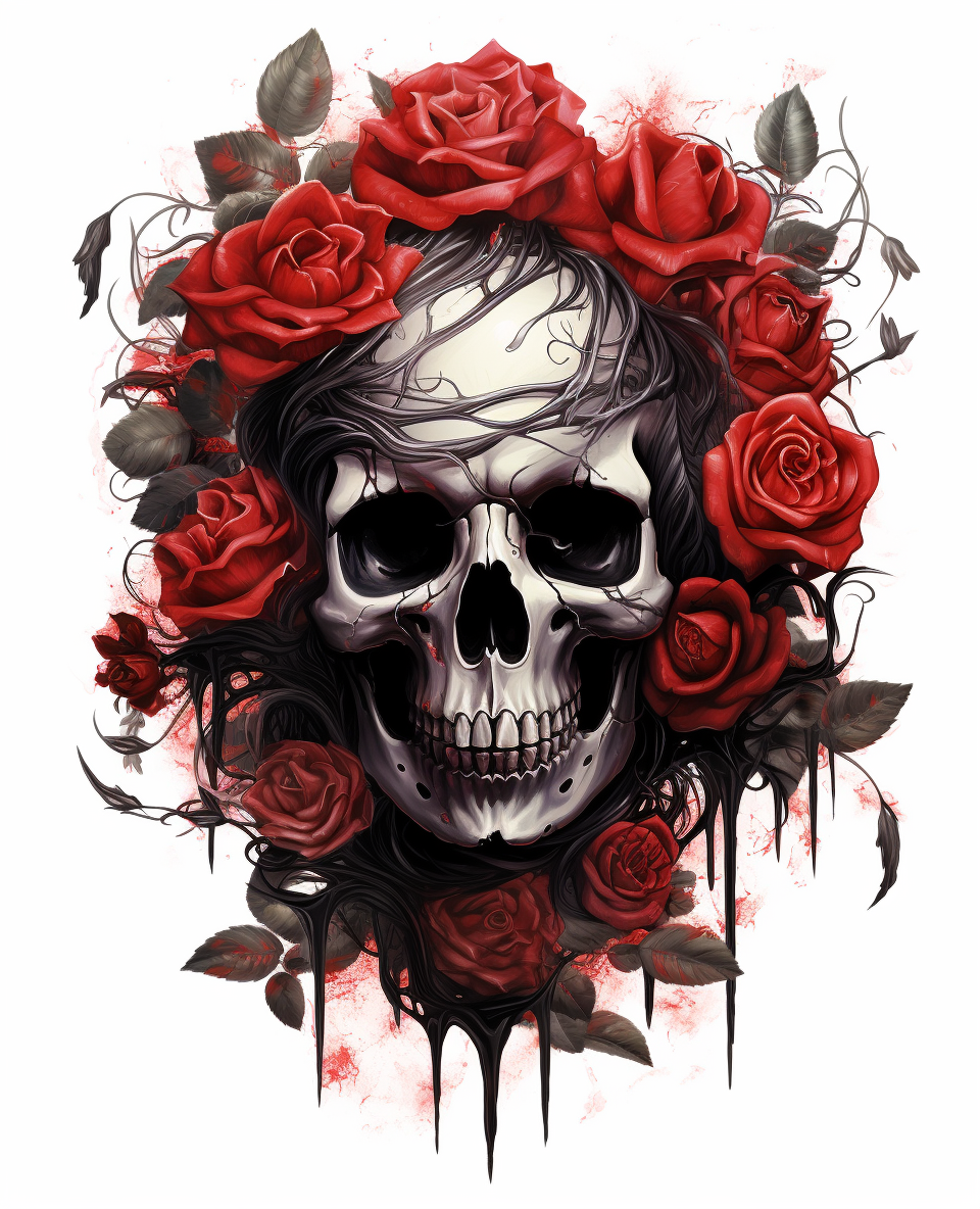 Black and red roses with macabre skull