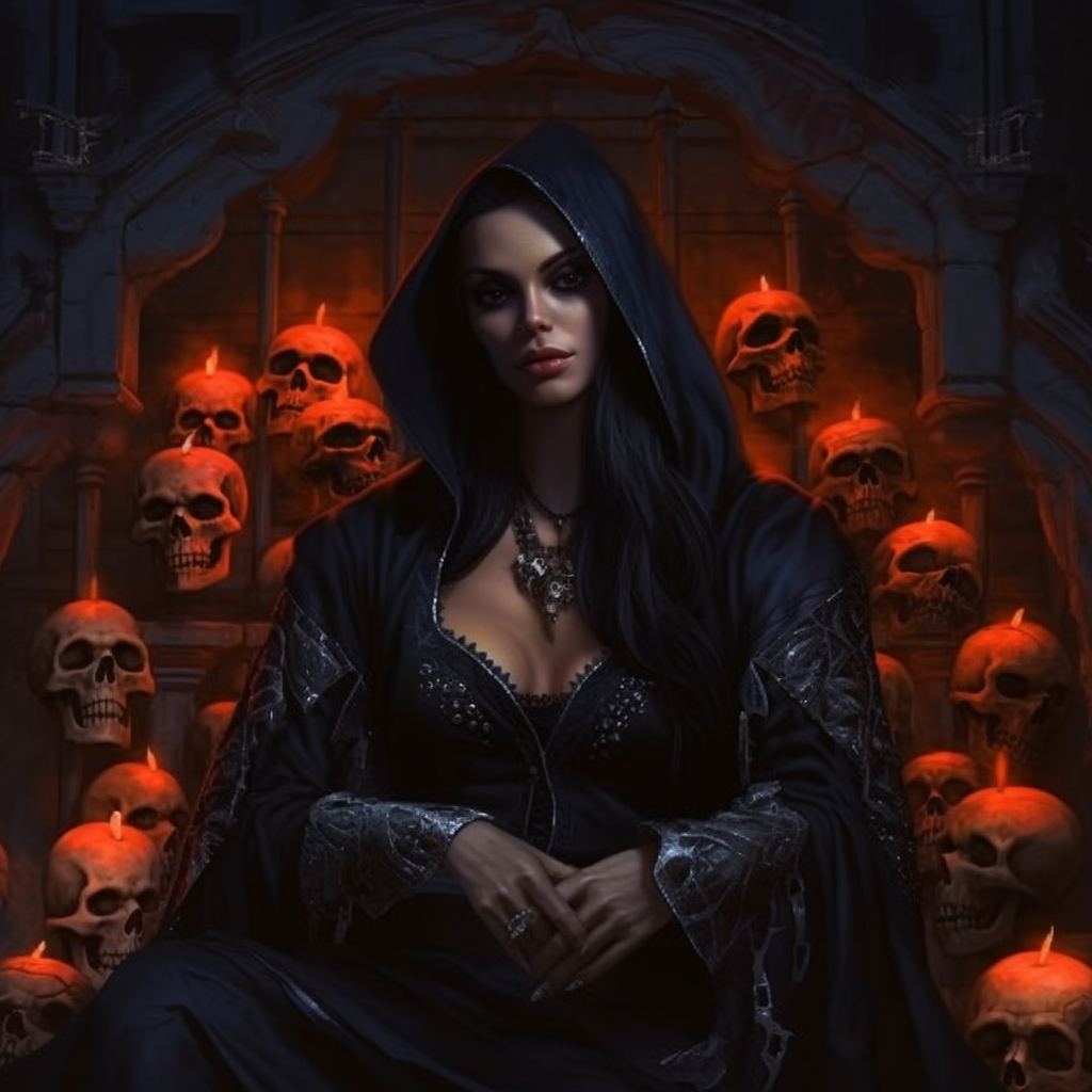 Beautiful black-robed necromancer woman with long black hair