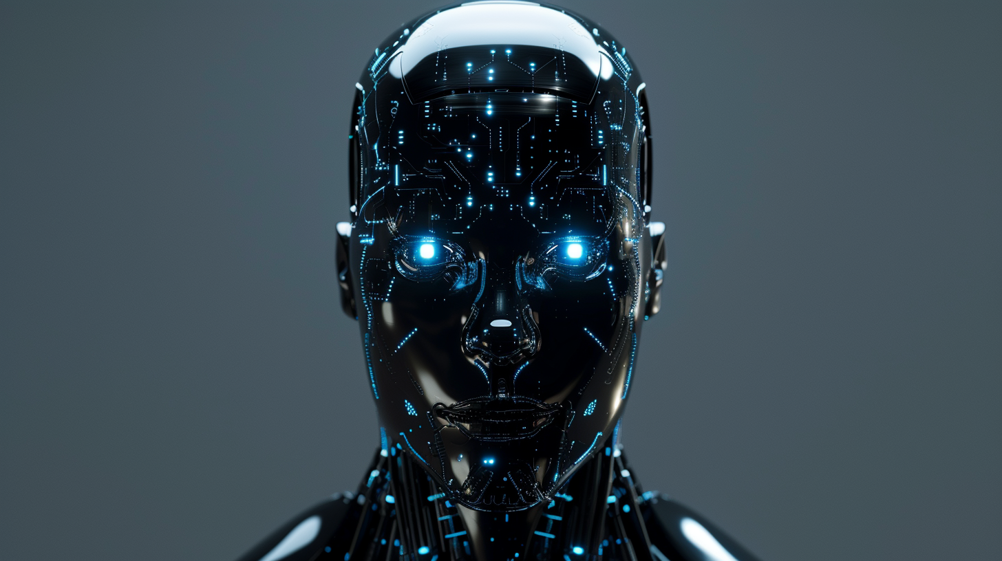 Black robot with glowing computer circuits on face