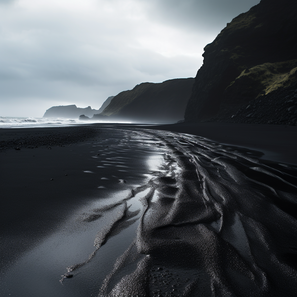 Scenic black sand beach landscape