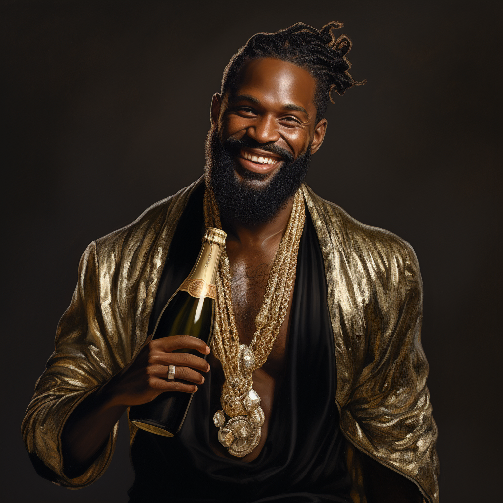 Confident Black Santa Claus with Champagne