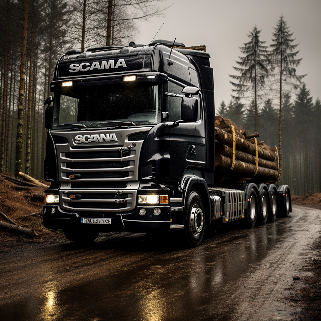 Black Scania truck in the forest