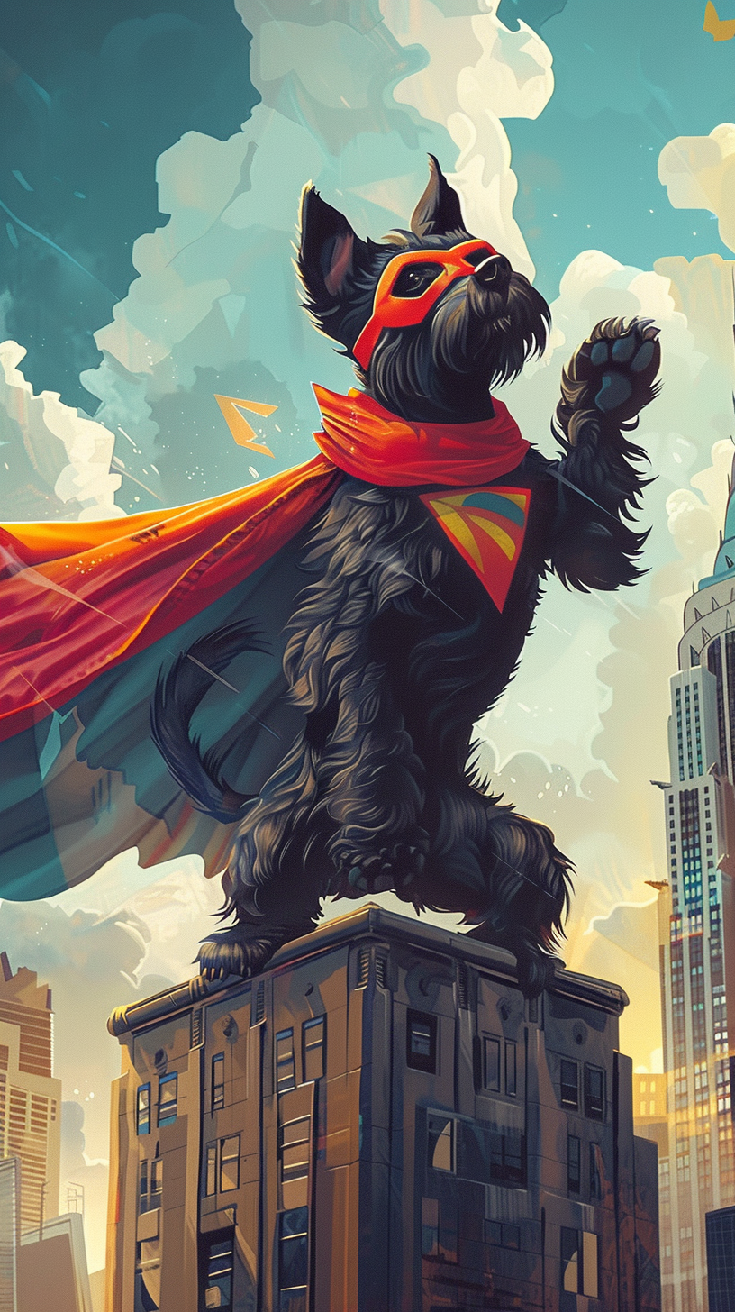 Black Scottie Dog Superhero Pose