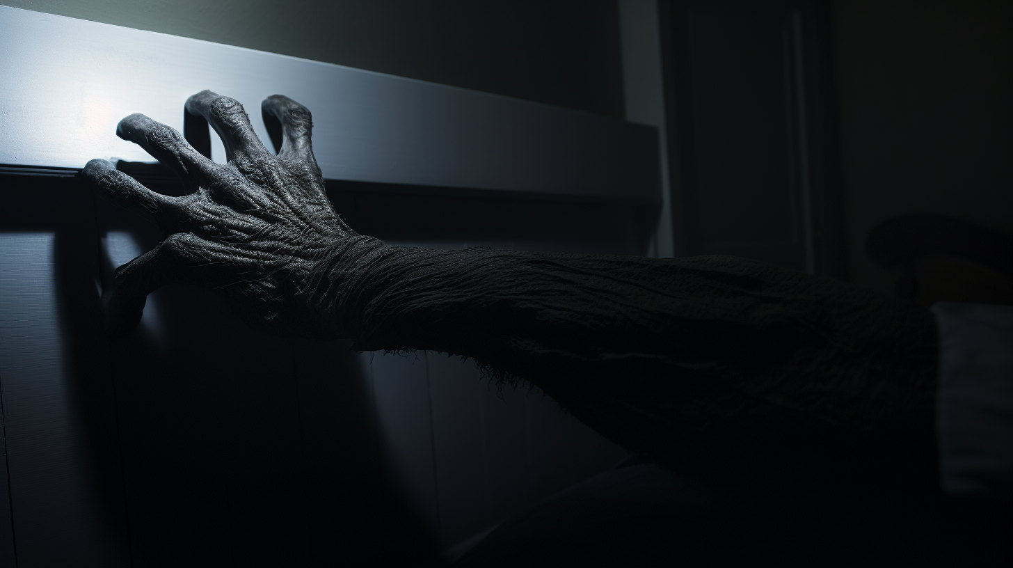 Close-up of black shadow monster's hand in room