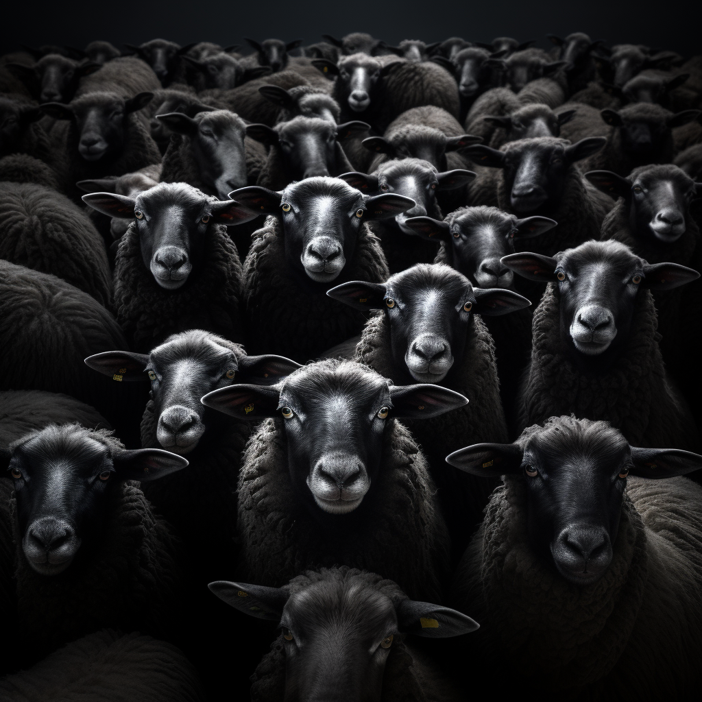 Black sheep surrounded by a herd on plain background