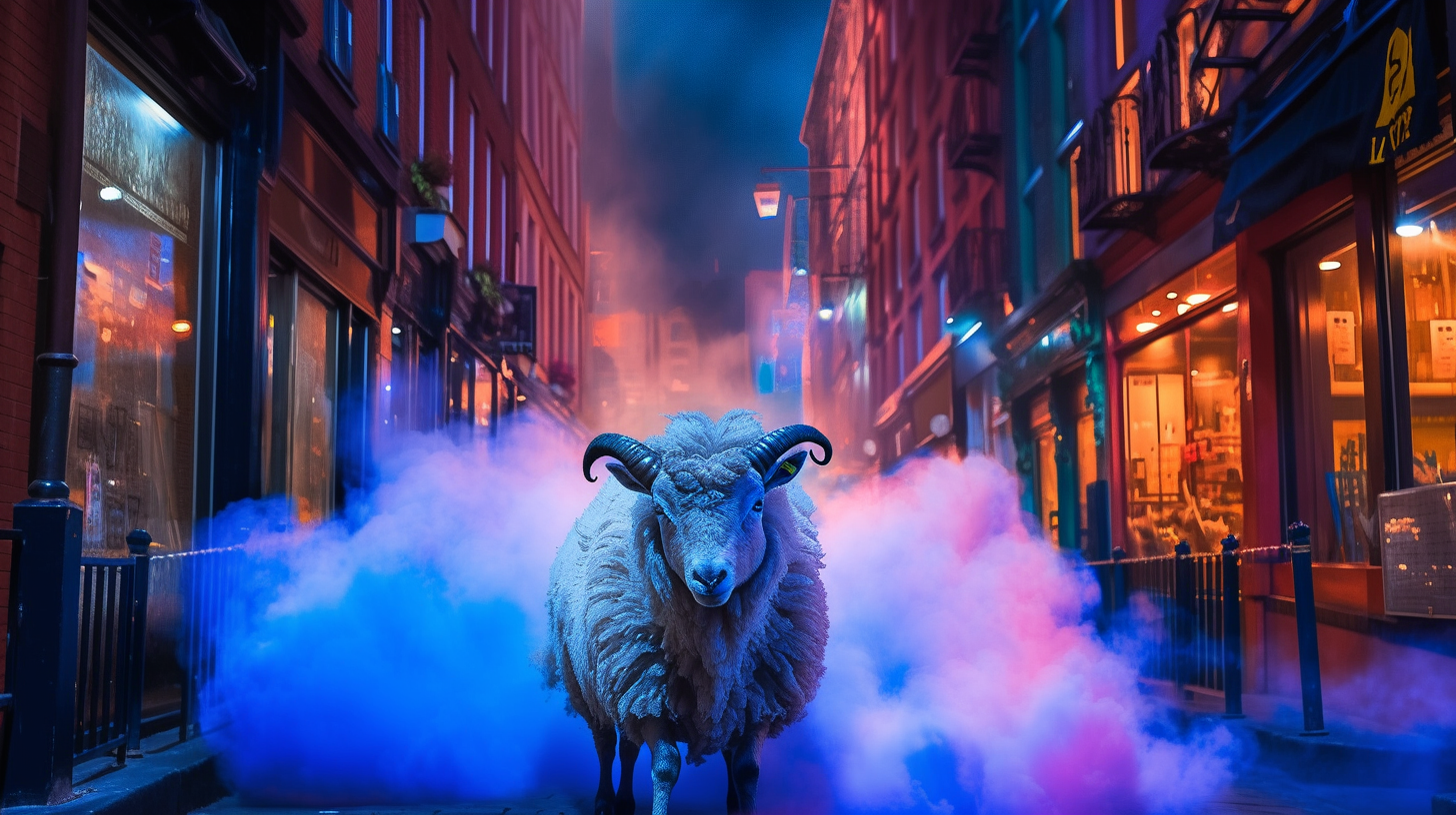 Black sheep walking on brightly lit Carnaby Street at dusk