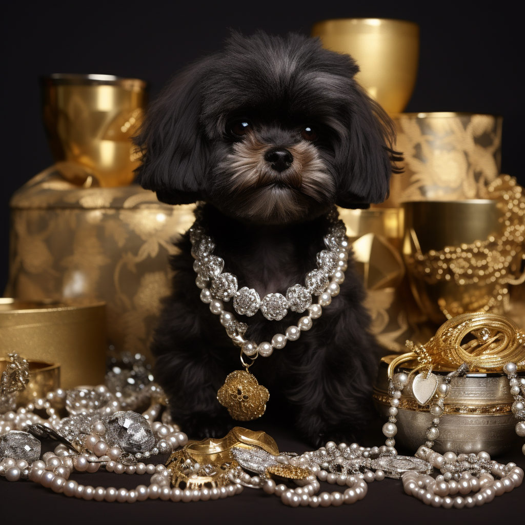 Stylish black shih tzu poodle mix with gold jewelry