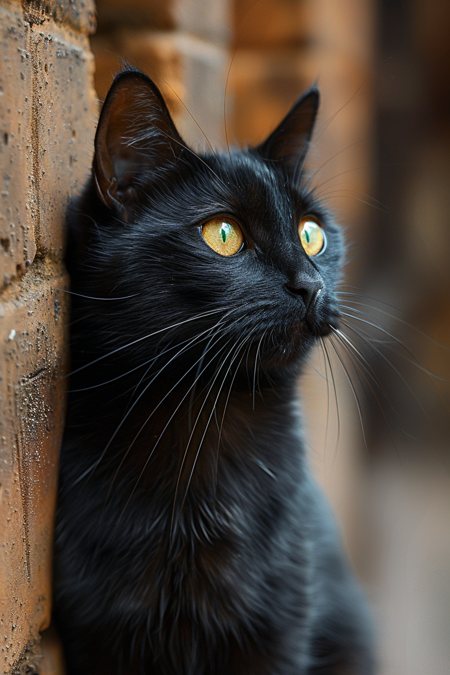 Black short hair cat with green eyes