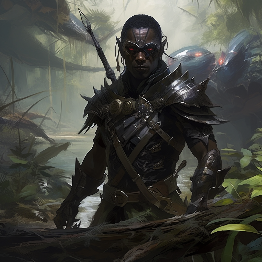 Dragonhumanoid ranger wields crossbow in swamp surrounded by dragonfly