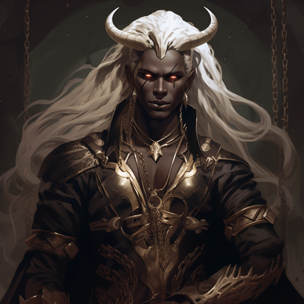 Black skinned male tiefling with gold-adorned horns