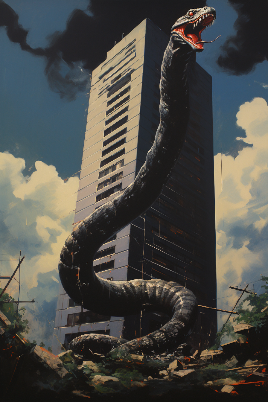 Retro pulp art of a black snake attacking a high rise